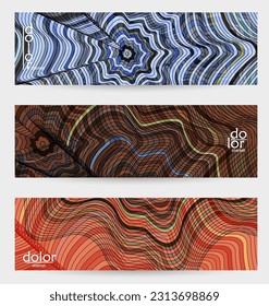 Abstract vector banner template with multicolored wire frame geometric shapes. Striped linear texture. Futuristic design. 3D science model digital technology concept. Retro colored digital art.