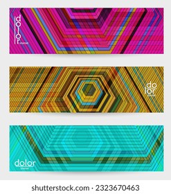 Abstrakte Vektorbanner-Vorlage mit mehrfarbigen Drahtrahmen-geometrischen Formen. Stripte lineare Struktur. Futuristisches Design. 3D-Wissenschaftsmodell für digitale Technologie Konzept. Retro farbige digitale Kunst.