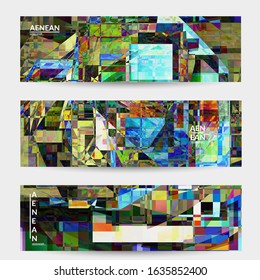 Abstract vector banner template. Small broken pixel distortion glitch art. Matrix geometric pattern. Vibrant colorful digital texture. Computer marketing sale background. Web page frame.