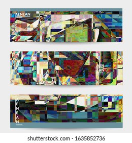 Abstract vector banner template. Small broken pixel distortion glitch art. Matrix geometric pattern. Vibrant colorful digital texture. Computer marketing sale background. Web page frame.