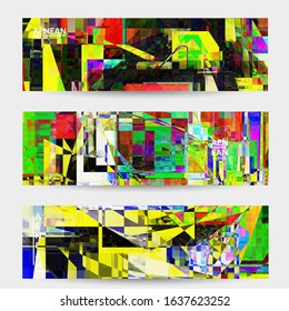 Abstract vector banner template. Small broken pixel distortion glitch art. Matrix geometric pattern. Vibrant colorful digital texture. Computer marketing sale background. Web page frame.