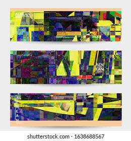 Abstract vector banner template. Small broken pixel distortion glitch art. Matrix geometric pattern. Vibrant colorful digital texture. Computer marketing sale background. Web page frame.