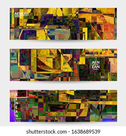 Abstract vector banner template. Small broken pixel distortion glitch art. Matrix geometric pattern. Vibrant colorful digital texture. Computer marketing sale background. Web page frame.