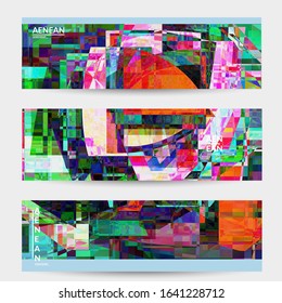 Abstract vector banner template. Small broken pixel distortion glitch art. Matrix geometric pattern. Vibrant colorful digital texture. Computer marketing sale background. Web page frame.