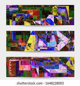 Abstract vector banner template. Small broken pixel distortion glitch art. Matrix geometric pattern. Vibrant colorful digital texture. Computer marketing sale background. Web page frame.