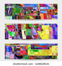 Abstract vector banner template. Small broken pixel distortion glitch art. Matrix geometric pattern. Vibrant colorful digital texture. Computer marketing sale background. Web page frame.