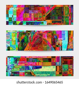Abstract vector banner template. Small broken pixel distortion glitch art. Matrix geometric pattern. Vibrant colorful digital texture. Computer marketing sale background. Web page frame.