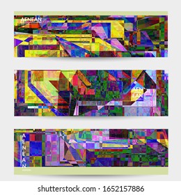 Abstract vector banner template. Small broken pixel distortion glitch art. Matrix geometric pattern. Vibrant colorful digital texture. Computer marketing sale background. Web page frame.