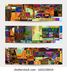 Abstract vector banner template. Small broken pixel distortion glitch art. Matrix geometric pattern. Vibrant colorful digital texture. Computer marketing sale background. Web page frame.