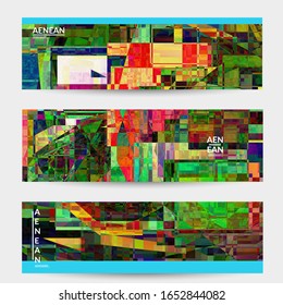 Abstract vector banner template. Small broken pixel distortion glitch art. Matrix geometric pattern. Vibrant colorful digital texture. Computer marketing sale background. Web page frame.