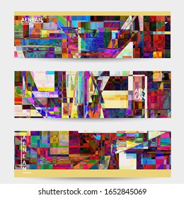 Abstract vector banner template. Small broken pixel distortion glitch art. Matrix geometric pattern. Vibrant colorful digital texture. Computer marketing sale background. Web page frame.