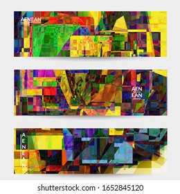Abstract vector banner template. Small broken pixel distortion glitch art. Matrix geometric pattern. Vibrant colorful digital texture. Computer marketing sale background. Web page frame.