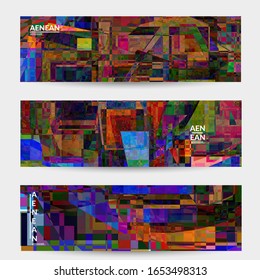 Abstract vector banner template. Small broken pixel distortion glitch art. Matrix geometric pattern. Vibrant colorful digital texture. Computer marketing sale background. Web page frame.