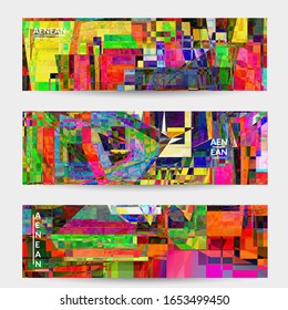 Abstract vector banner template. Small broken pixel distortion glitch art. Matrix geometric pattern. Vibrant colorful digital texture. Computer marketing sale background. Web page frame.