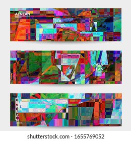 Abstract vector banner template. Small broken pixel distortion glitch art. Matrix geometric pattern. Vibrant colorful digital texture. Computer marketing sale background. Web page frame.