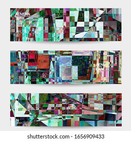 Abstract vector banner template. Small broken pixel distortion glitch art. Matrix geometric pattern. Vibrant colorful digital texture. Computer marketing sale background. Web page frame.