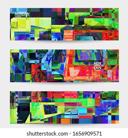 Abstract vector banner template. Small broken pixel distortion glitch art. Matrix geometric pattern. Vibrant colorful digital texture. Computer marketing sale background. Web page frame.