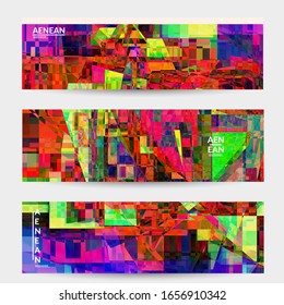 Abstract vector banner template. Small broken pixel distortion glitch art. Matrix geometric pattern. Vibrant colorful digital texture. Computer marketing sale background. Web page frame.
