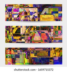 Abstract vector banner template. Small broken pixel distortion glitch art. Matrix geometric pattern. Vibrant colorful digital texture. Computer marketing sale background. Web page frame.