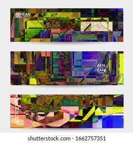 Abstract vector banner template. Small broken pixel distortion glitch art. Matrix geometric pattern. Vibrant colorful digital texture. Computer marketing sale background. Web page frame.