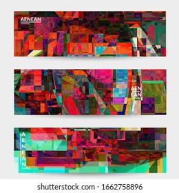 Abstract vector banner template. Small broken pixel distortion glitch art. Matrix geometric pattern. Vibrant colorful digital texture. Computer marketing sale background. Web page frame.