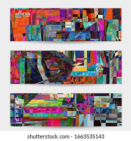 Abstract vector banner template. Small broken pixel distortion glitch art. Matrix geometric pattern. Vibrant colorful digital texture. Computer marketing sale background. Web page frame.