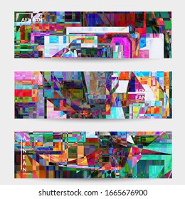 Abstract vector banner template. Small broken pixel distortion glitch art. Matrix geometric pattern. Vibrant colorful digital texture. Computer marketing sale background. Web page frame.