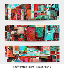 Abstract vector banner template. Small broken pixel distortion glitch art. Matrix geometric pattern. Vibrant colorful digital texture. Computer marketing sale background. Web page frame.