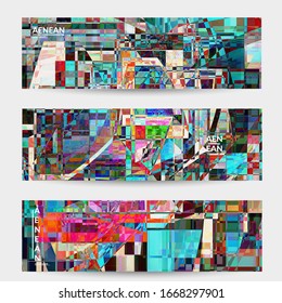 Abstract vector banner template. Small broken pixel distortion glitch art. Matrix geometric pattern. Vibrant colorful digital texture. Computer marketing sale background. Web page frame.