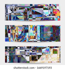 Abstract vector banner template. Small broken pixel distortion glitch art. Matrix geometric pattern. Vibrant colorful digital texture. Computer marketing sale background. Web page frame.
