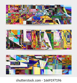 Abstract vector banner template. Small broken pixel distortion glitch art. Matrix geometric pattern. Vibrant colorful digital texture. Computer marketing sale background. Web page frame.