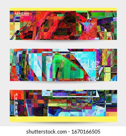 Abstract vector banner template. Small broken pixel distortion glitch art. Matrix geometric pattern. Vibrant colorful digital texture. Computer marketing sale background. Web page frame.