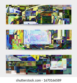 Abstract vector banner template. Small broken pixel distortion glitch art. Matrix geometric pattern. Vibrant colorful digital texture. Computer marketing sale background. Web page frame.