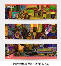 Abstract vector banner template. Small broken pixel distortion glitch art. Matrix geometric pattern. Vibrant colorful digital texture. Computer marketing sale background. Web page frame.