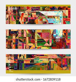 Abstract vector banner template. Small broken pixel distortion glitch art. Matrix geometric pattern. Vibrant colorful digital texture. Computer marketing sale background. Web page frame.