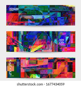 Abstract vector banner template. Small broken pixel distortion glitch art. Matrix geometric pattern. Vibrant colorful digital texture. Computer marketing sale background. Web page frame.