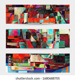 Abstract vector banner template. Small broken pixel distortion glitch art. Matrix geometric pattern. Vibrant colorful digital texture. Computer marketing sale background. Web page frame.