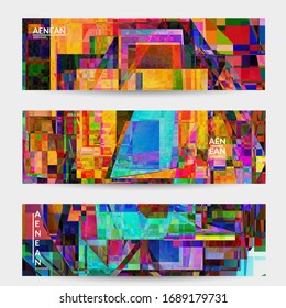 Abstract vector banner template. Small broken pixel distortion glitch art. Matrix geometric pattern. Vibrant colorful digital texture. Computer marketing sale background. Web page frame.