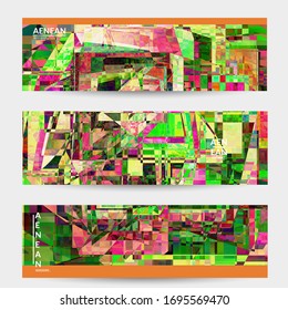 Abstract vector banner template. Small broken pixel distortion glitch art. Matrix geometric pattern. Vibrant colorful digital texture. Computer marketing sale background. Web page frame.