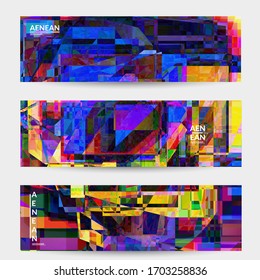 Plantilla de banner vector abstracto. Pequeño desorden de distorsión de píxeles rotos. Patrón geométrico de matriz. Vibrante textura digital colorida. Antecedentes de venta de marketing por ordenador. Marco de página Web.