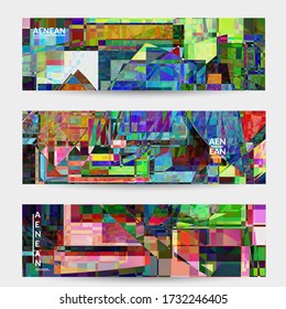 Abstract vector banner template. Small broken pixel distortion glitch art. Matrix geometric pattern. Vibrant colorful digital texture. Computer marketing sale background. Web page frame.