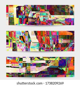 Abstract vector banner template. Small broken pixel distortion glitch art. Matrix geometric pattern. Vibrant colorful digital texture. Computer marketing sale background. Web page frame.
