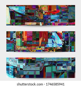 Abstract vector banner template. Small broken pixel distortion glitch art. Matrix geometric pattern. Vibrant colorful digital texture. Computer marketing sale background. Web page frame.