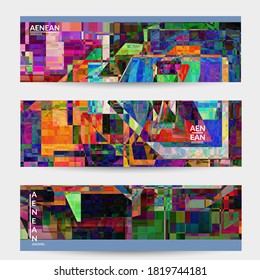 Abstract vector banner template. Small broken pixel distortion glitch art. Matrix geometric pattern. Vibrant colorful digital texture. Computer marketing sale background. Web page frame.