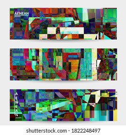 Abstract vector banner template. Small broken pixel distortion glitch art. Matrix geometric pattern. Vibrant colorful digital texture. Computer marketing sale background. Web page frame.