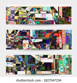 Abstract vector banner template. Small broken pixel distortion glitch art. Matrix geometric pattern. Vibrant colorful digital texture. Computer marketing sale background. Web page frame.