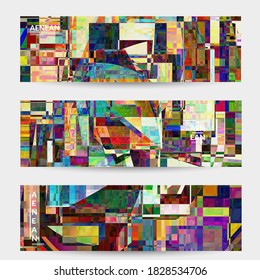 Abstract vector banner template. Small broken pixel distortion glitch art. Matrix geometric pattern. Vibrant colorful digital texture. Computer marketing sale background. Web page frame.