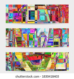 Abstract vector banner template. Small broken pixel distortion glitch art. Matrix geometric pattern. Vibrant colorful digital texture. Computer marketing sale background. Web page frame.