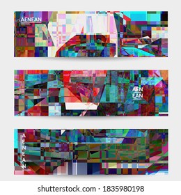 Abstract vector banner template. Small broken pixel distortion glitch art. Matrix geometric pattern. Vibrant colorful digital texture. Computer marketing sale background. Web page frame.