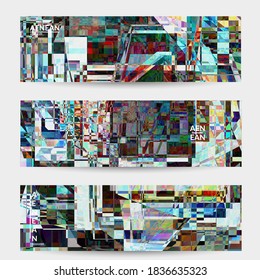 Abstract vector banner template. Small broken pixel distortion glitch art. Matrix geometric pattern. Vibrant colorful digital texture. Computer marketing sale background. Web page frame.